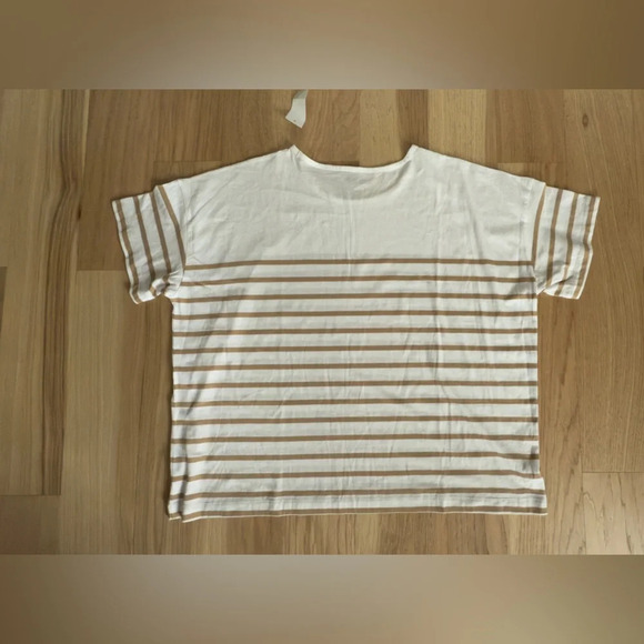Loft New Casual Basic White Tan Striped Round Neckline Boxy Tee Size XL Relaxed - Picture 6 of 9